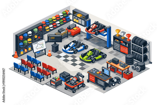 Isometric go-kart racing garage with karts, tools, helmets, and trophies displayed