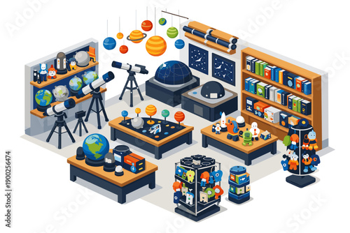 Isometric view of a science museum gift shop filled with educational toys and astronomy items