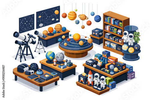 Educational space and astronomy exhibit with planets, telescopes, and astronaut figures