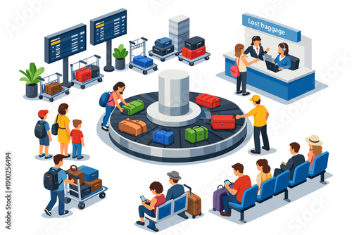 Airport baggage claim area with people collecting luggage and a lost baggage counter
