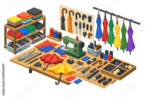 Umbrella repair workshop with sewing machine, fabric, and parts laid out