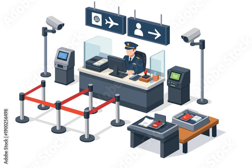 Airport security checkpoint with officer, queue barriers, and scanning equipment