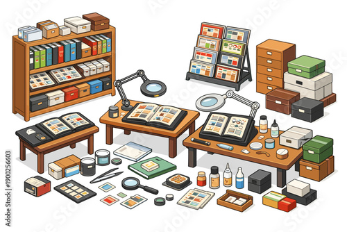 Collecting hobby setup with albums, magnifying lamps, and storage solutions