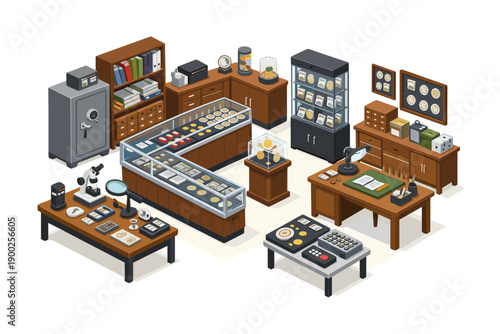 Isometric coin shop interior with display cases, safe, and desk for appraisal