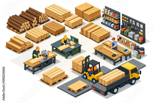 Isometric illustration of a lumberyard with workers, machinery, and stacked wood products