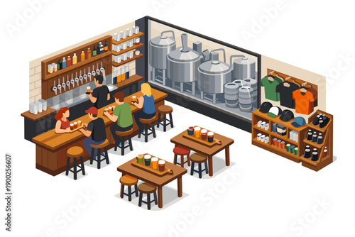 Isometric view of a modern brewery with tasting room and merchandise shop