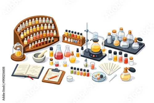 Laboratory setup for perfume creation with various bottles, beakers, and scientific equipment