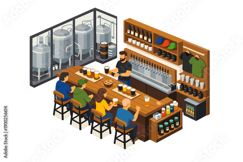 Isometric view of a busy craft brewery taproom with customers enjoying drinks at the bar