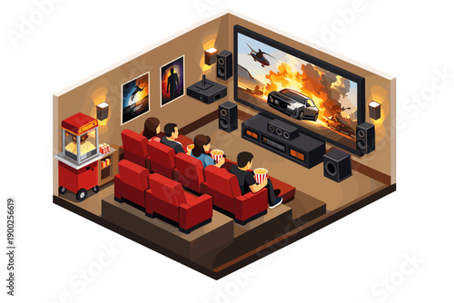 People enjoying a movie in a home theater with popcorn and surround sound