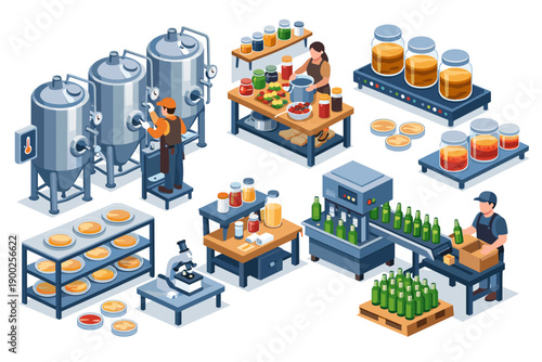Isometric food production line with workers, tanks, and bottling machinery