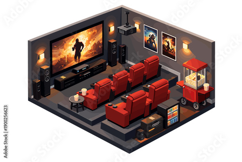 Cozy home theater with plush red seats, large screen, and popcorn machine for entertainment