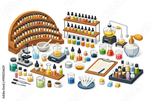 Perfume laboratory setup with bottles, beakers, microscope, and testing strips