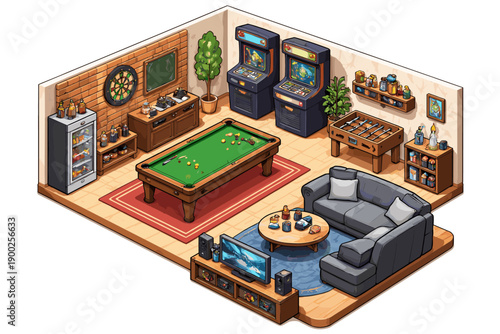 Cozy isometric game room with pool table, arcade machines, and foosball