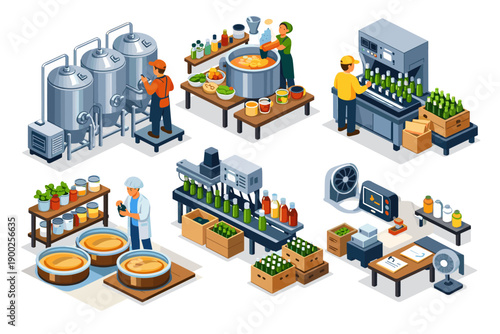 Isometric food and beverage production line with workers and machinery