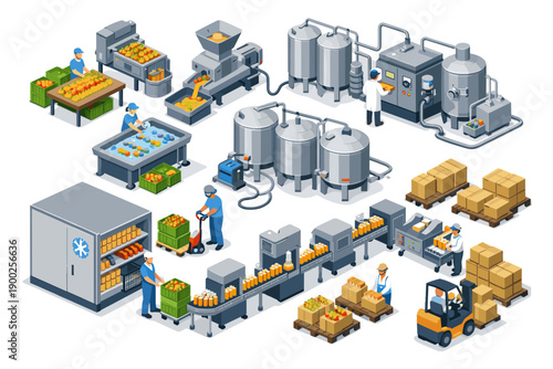 Modern automated food processing plant with workers and machinery for production