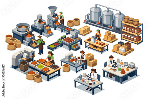Modern food processing plant with workers and laboratory analysis for quality control