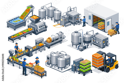 Automated food processing plant with conveyor belts, machinery, and workers