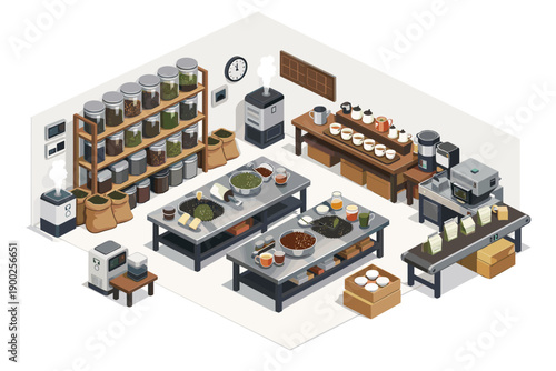 Isometric view of a modern tea processing and packaging facility with raw ingredients and finished products