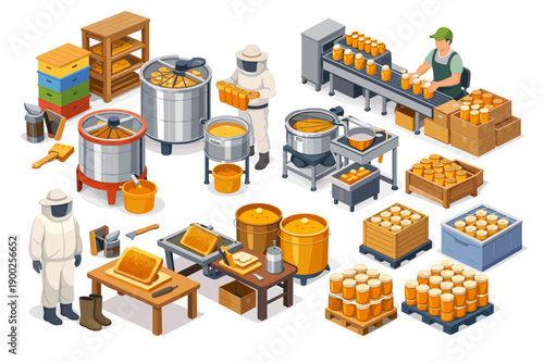 Modern beekeeping and honey production process with equipment and workers