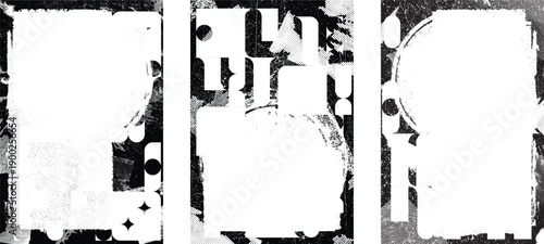 Glitch distorted geometric shape . Noise destroyed logo . Trendy cyber punk poster . Glitched frame .Grunge textured . Distressed effect .Vector shapes with a halftone dots screen print texture.