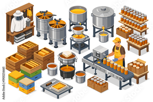 Modern apiary equipment and honey production process illustration