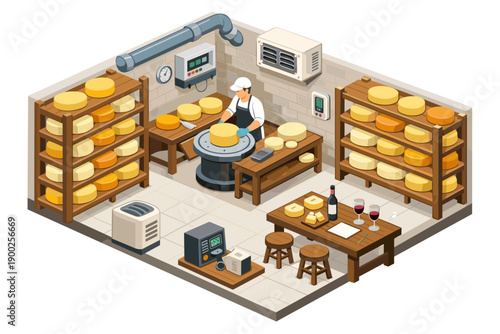 Artisan cheese maker working in a traditional dairy production facility with aged wheels