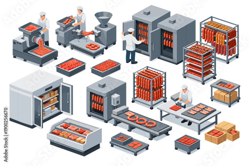 Isometric meat processing plant equipment and workers creating sausages and meat products