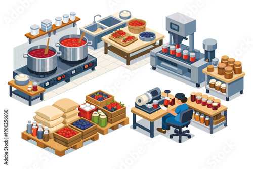 Isometric illustration of a food processing plant making jam from fresh berries