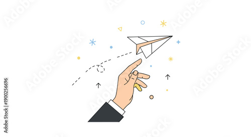 Business hand launching paper airplane on white background, symbolizing new venture and forward momentum with bright