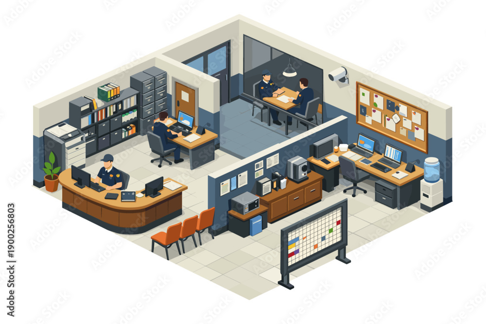 Obraz premium Isometric police station interior with officers working and conducting interviews