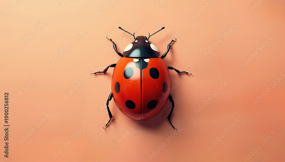 Fototapeta premium Red ladybug with black spots rests on solid peach background. Insect shown from top-down perspective with intricate detail on shell, legs. Illustration perfect for nature themes, graphic design