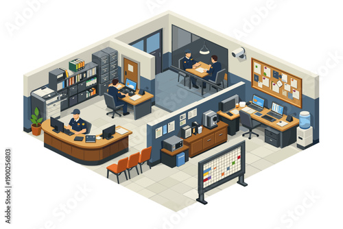 Isometric police station interior with officers working and conducting interviews