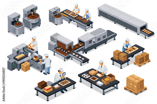 Automated chocolate production line with workers overseeing quality control and packaging