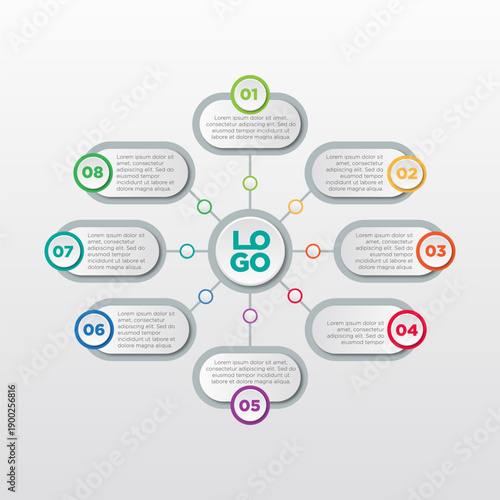 Web Infographic template, parameters, process diagram, presentation, process layout, flow chart. Vector illustration 8 steps.