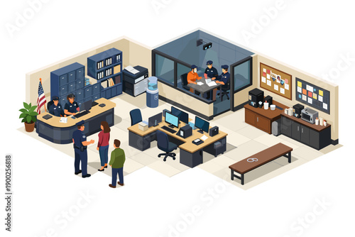 Isometric police station interior with officers, suspects, and workstations