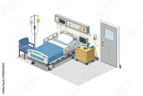 Modern hospital room interior with medical equipment and patient bed