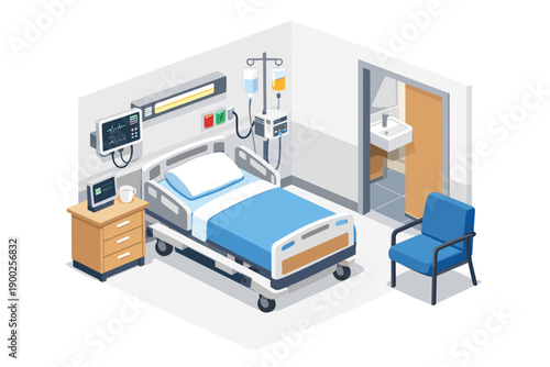 Modern hospital room with medical equipment and patient bed, isometric view