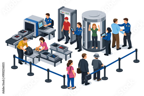 Airport security checkpoint with passengers and security personnel screening luggage and scanning individuals