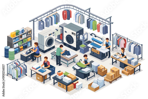 Isometric view of a busy laundry service with workers and equipment