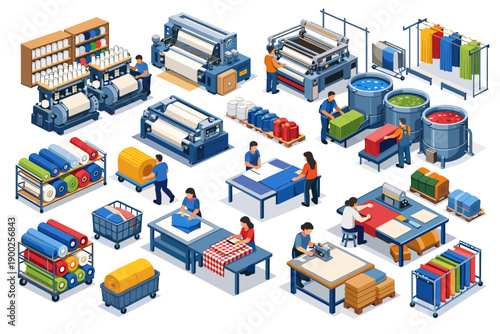 Textile factory isometric illustration showing production process from raw materials to finished goods