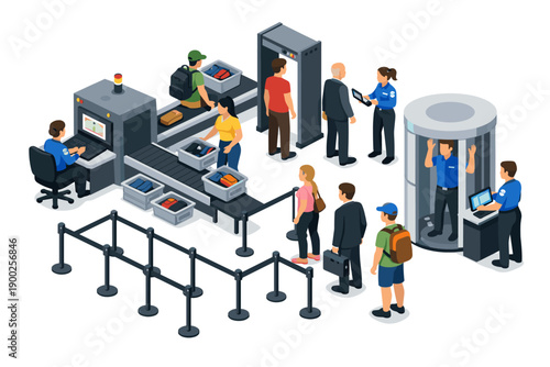Airport security checkpoint with passengers and security personnel scanning luggage and people