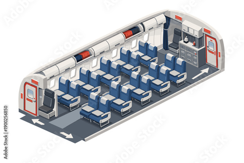 Isometric view of a commercial airplane cabin with rows of blue seats and overhead compartments