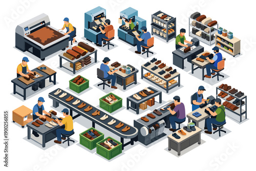 Shoe factory production line with workers manufacturing footwear in an isometric view