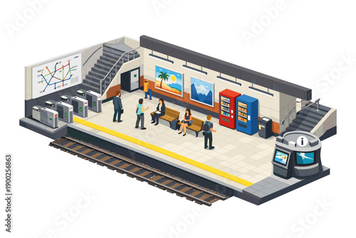 Isometric subway station platform with passengers, vending machines, and ticket gates