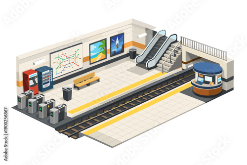 Isometric view of a modern subway station with escalators, ticket gates, and vending machines