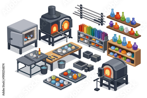 Glassblowing studio equipment and materials displayed in isometric view