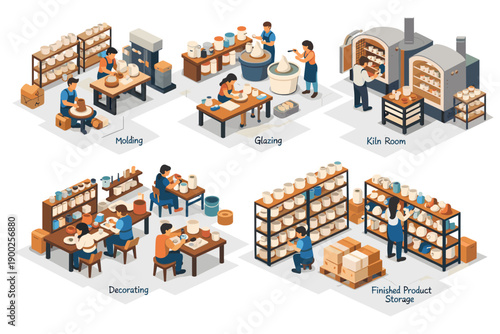 Ceramic production process illustrated with isometric scenes of workers molding, glazing, and storing pottery