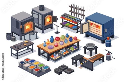 Glassblowing studio setup with furnaces, tools, and colorful finished pieces