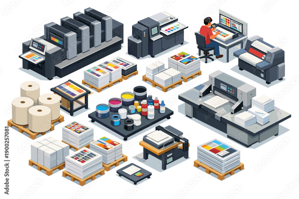 Fototapeta premium Modern printing industry equipment and supplies displayed in isometric view