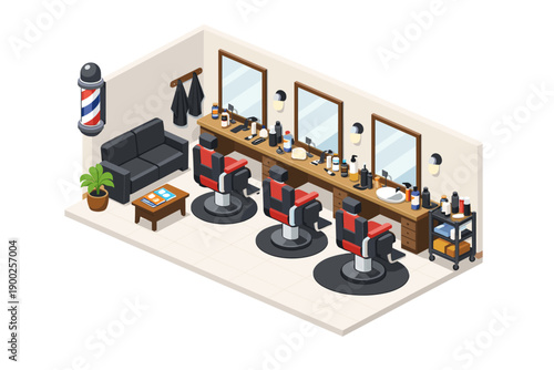 Modern barber shop interior with chairs, mirrors, and styling products
